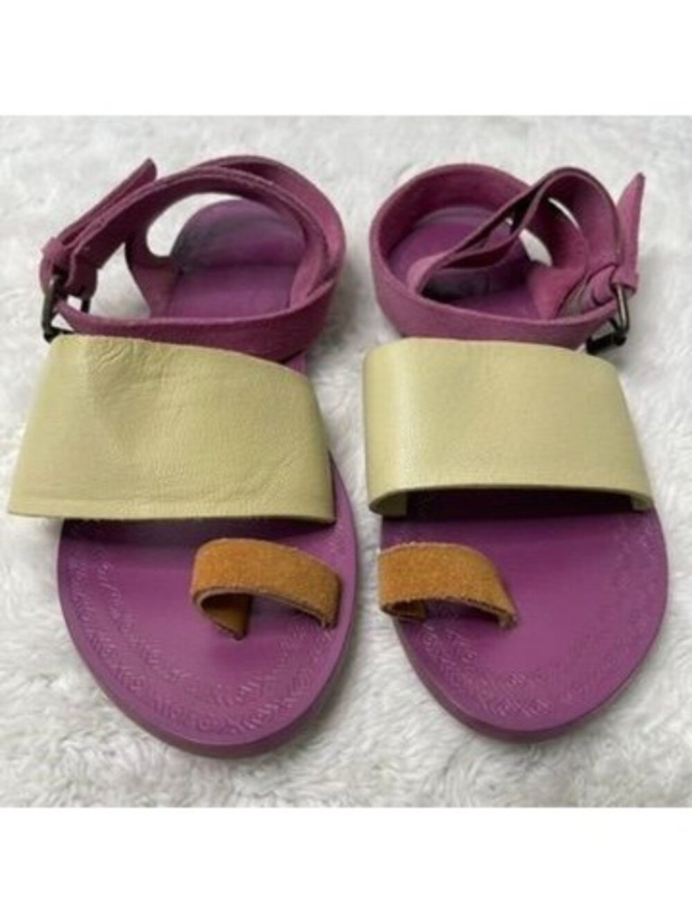 Free People Torrence Colorblock Flat Sandals Purple Cream Sz 36 US 6 Toe Ring